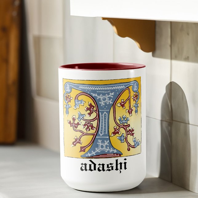 Taza Letra medieval azul y marfil rojo iluminada T (Subido por el creador)