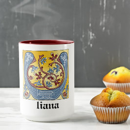 Taza Letra medieval azul y marfil rojo iluminada U
