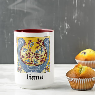 Taza Letra medieval azul y marfil rojo iluminada U