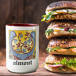 Taza Letra medieval azul y marfil rojo iluminada V