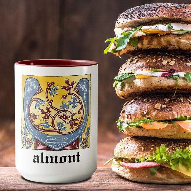 Taza Letra medieval azul y marfil rojo iluminada V (Subido por el creador)