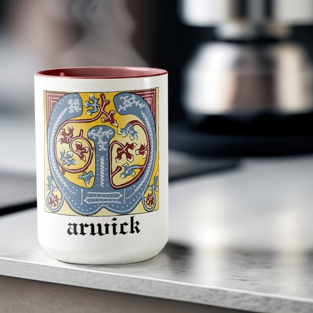 Taza Letra medieval azul y marfil rojo iluminada W (Subido por el creador)