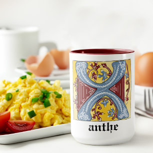 Taza Letra medieval azul y marfil rojo iluminada X