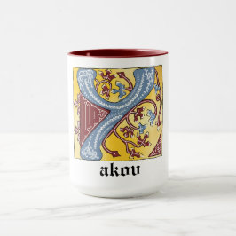 Taza Letra medieval azul y marfil rojo iluminada Y