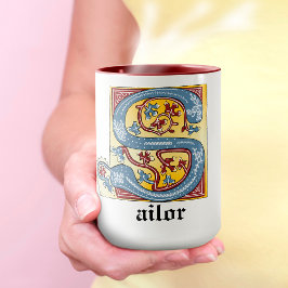 Taza Letra medieval azul y roja marfil con iluminación 