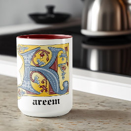 Taza Letra medieval azul y roja marfil iluminada K
