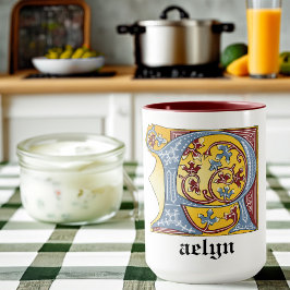 Taza Letra medieval azul y roja marfil iluminada R