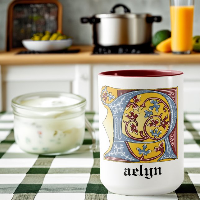 Taza Letra medieval azul y roja marfil iluminada R (Subido por el creador)