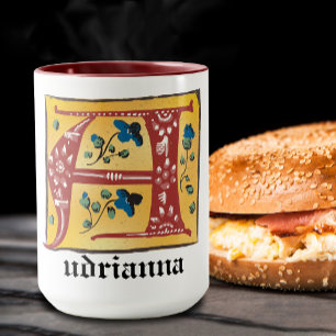 Taza Letra medieval floral iluminada con una letra A mo