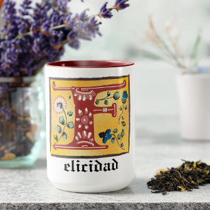 Taza Letra medieval floral iluminada F Monograma