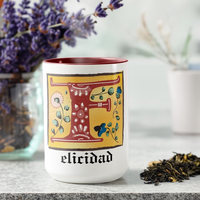 Taza Letra medieval floral iluminada F Monograma (Subido por el creador)