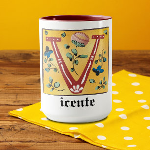 Taza Letra medieval floral iluminada V Monograma Mug