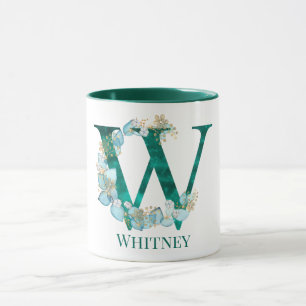 Taza Letra Monograma Acuarela Verde Azul y Dorado W
