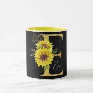 Taza Letra monograma de girasol E letra floral E