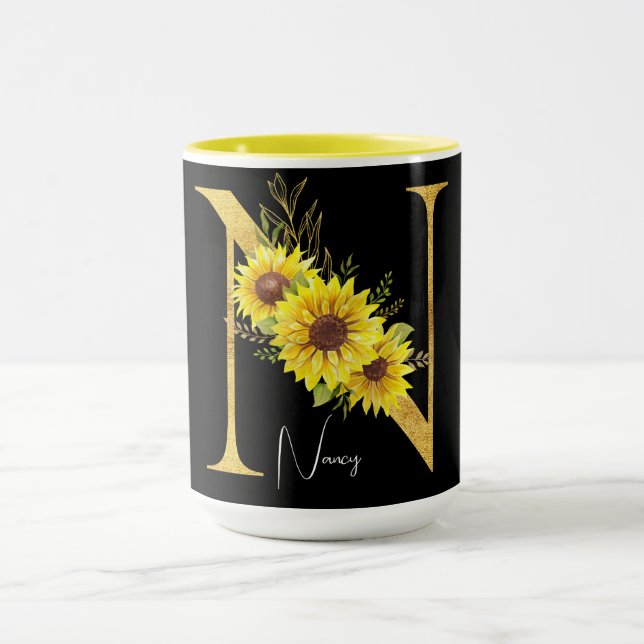 Taza Letra monograma girasol N Letra floral N (Centro)