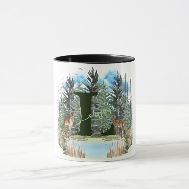 Taza Letra monograma L personalizada del ciervo acuarel (Centro)