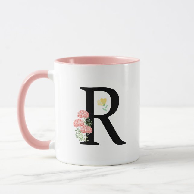 Taza Letra monograma R flores acuarelas moda moderna (Izquierda)