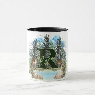 Taza Letra monograma R personalizada del ciervo acuarel