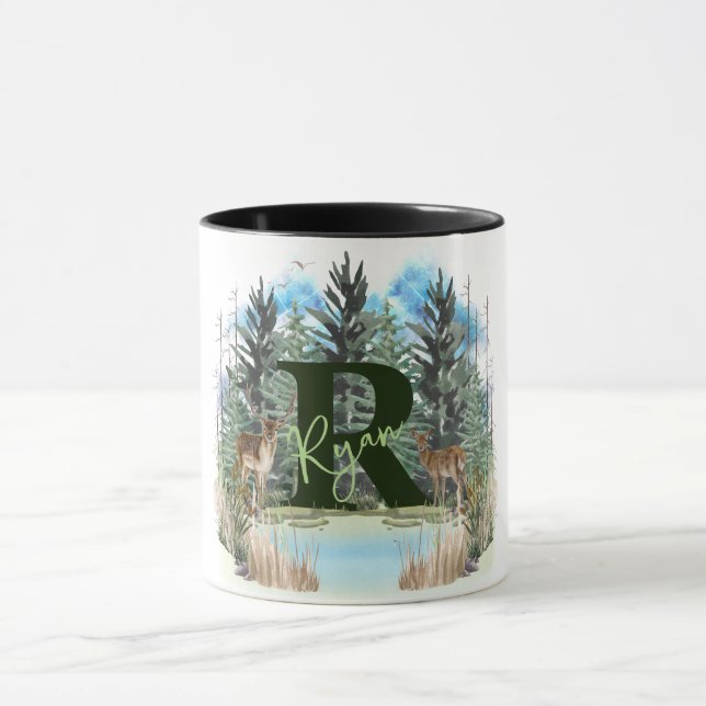 Taza Letra monograma R personalizada del ciervo acuarel (Centro)