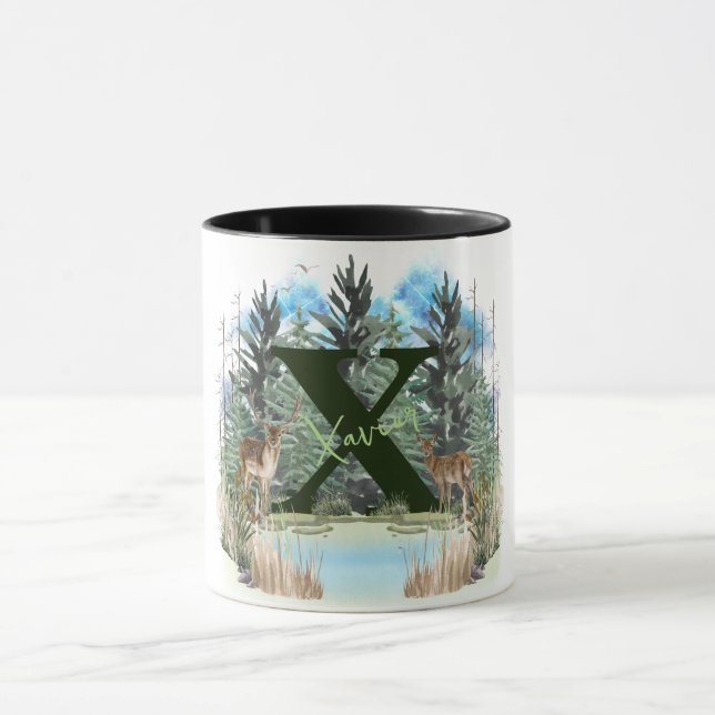 Taza Letra monograma X personalizada de ciervo acuarela (Centro)