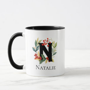 Taza Letra N Monograma Navidades iniciales Berry Wreath
