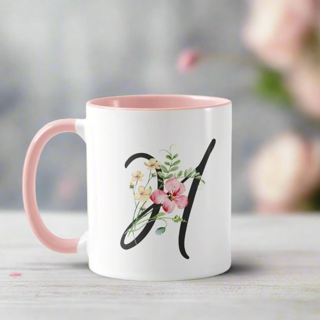 Taza Letra negra femenina manuscrita "H" Flores rosadas (Subido por el creador)