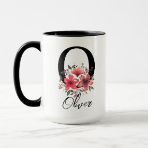 Taza Letra O Monograma Negro Arreglo Floral Rosa