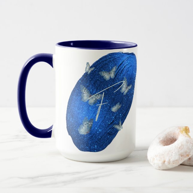 Taza Letra original azul real de mariposas F monograma (Con donut)