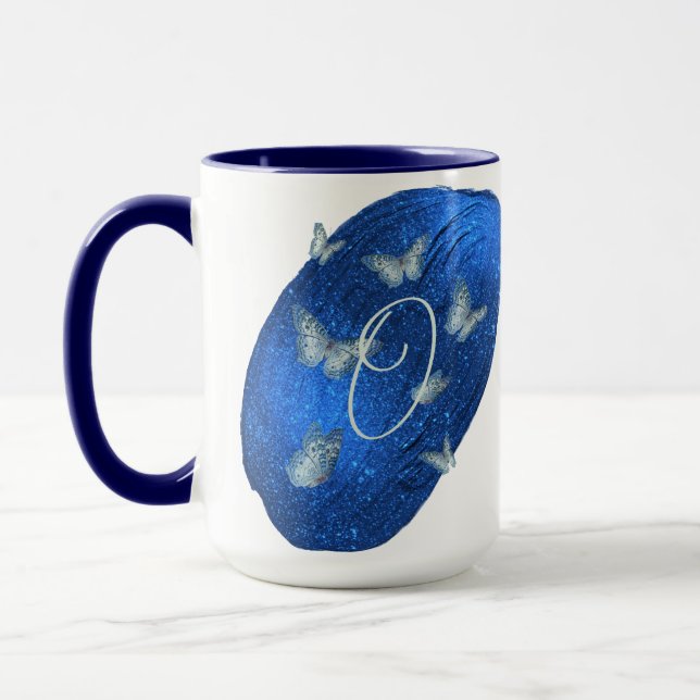 Taza Letra original azul real de mariposas o monograma (Izquierda)