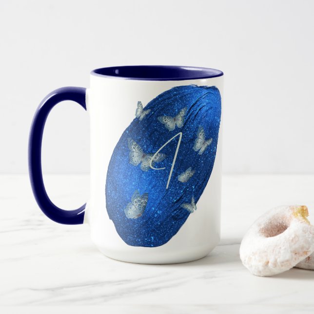 Taza Letra original azul real mariposas monograma I (Con donut)