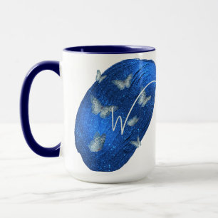 Taza Letra original azul real mariposas W monograma