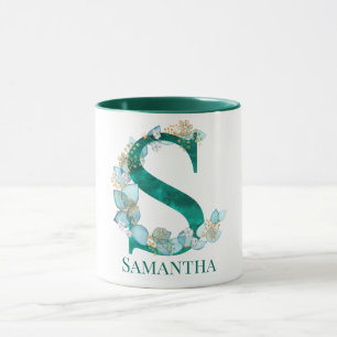 Taza Letra S de monograma en acuarela azul verde y dora