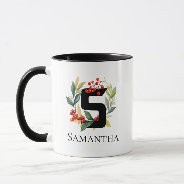 Taza Letra S Monograma Navidades iniciales Berry Wreath (Izquierda)