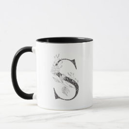 Taza Letra S Monogramada floral negro y blanco