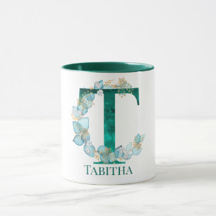 Taza Letra T de monograma en acuarela azul verde y dora