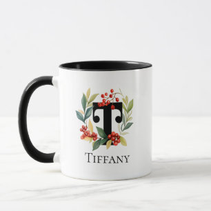 Taza Letra T Monograma Navidades iniciales Berry Wreath