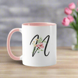 Taza Letra tipográfica moderna "N" Flores femeninas