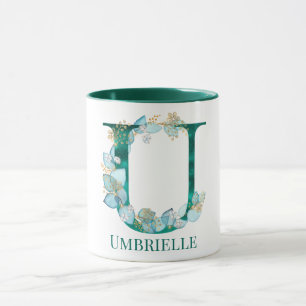 Taza Letra U de monograma en acuarela azul verde y dora