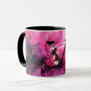 Taza Letra V Monograma de Mármol Rosa y Púrpura