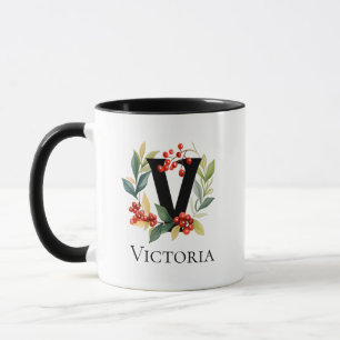 Taza Letra V Monograma Navidades iniciales Berry Wreath