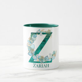 Taza Letra Verde azulada acuarela y monograma dorado Z