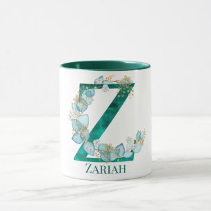 Taza Letra Verde azulada acuarela y monograma dorado Z