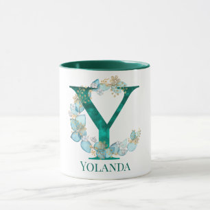 Taza Letra Verde azulada y monograma dorada de color de