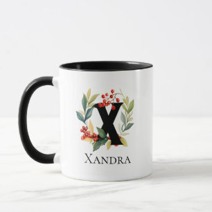 Taza Letra X Monograma Navidades iniciales Berry Wreath