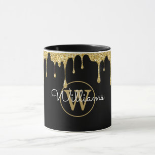 Taza Letras de Monograma con Brillo Dorado sobre Negro