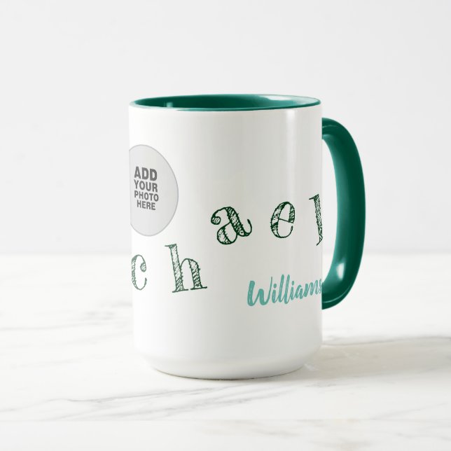 Taza letras manuscritas de su nombre + foto en verde (Anverso derecho)