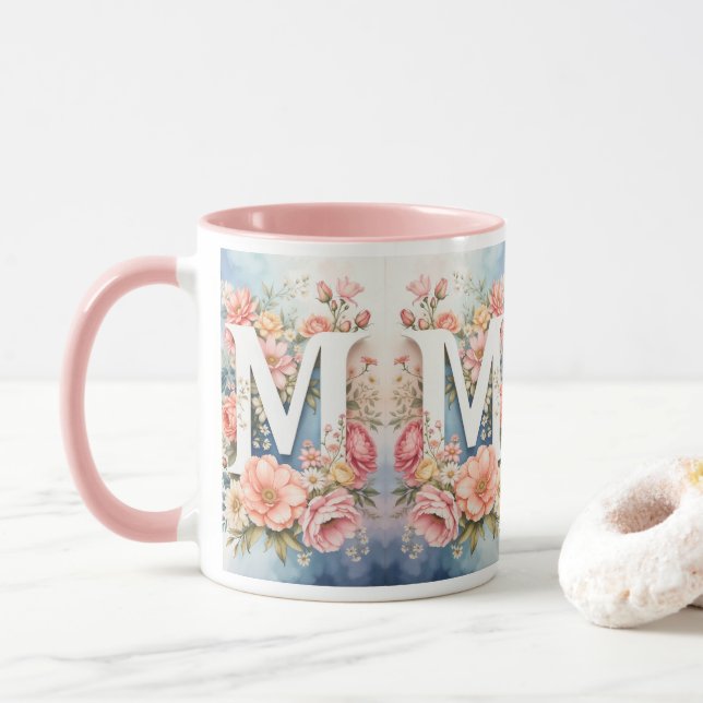 Taza Lettre M Monogramme Floral Élégant Vintage (Con donut)