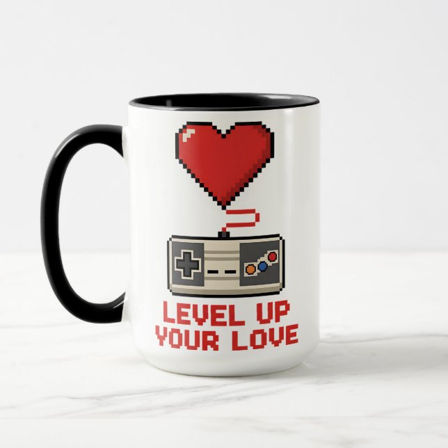Taza Level Up Your Love, Retro Pixel Gaming Design (Izquierda)