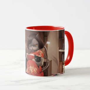 Taza Leyendo gato en Cheongsam