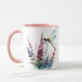 Taza Libélula Acuarela Flor Silvestre Rosa Estética